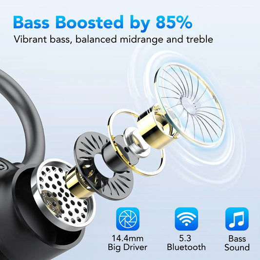 Bluetooth 5.3 Headphones Wireless Earbuds 72Hrs Playtime Wireless Charging Case Digital Display Sports Ear Buds with Earhook Deep Bass Waterproof Over-Ear Earphones for Workout/Running